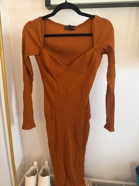 ASOS Ribbed Long-Sleeve Bodycon Dress in Rust